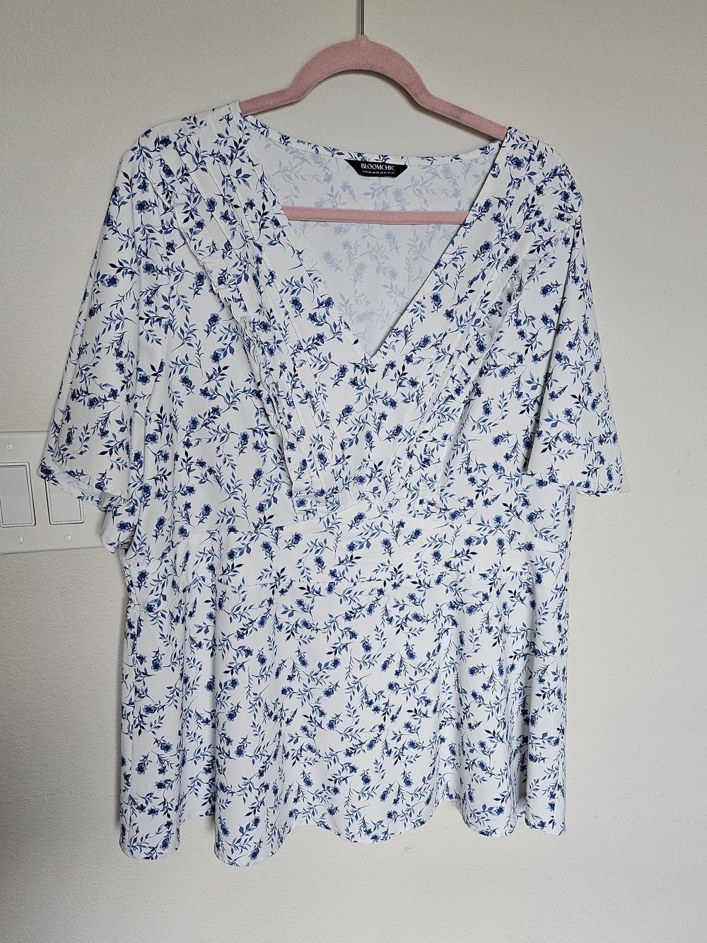 White & Blue Floral V-Neck Women's Top - Bloomchic